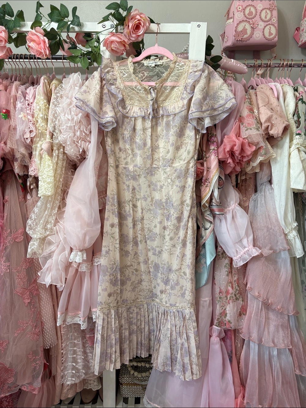 Women's Lavender Floral Midi Dress with Ruffle Hem